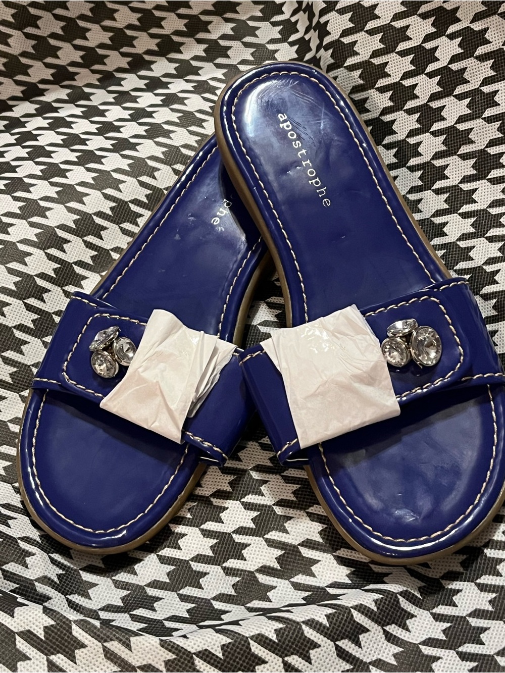Apostrophe Royal Blue Slide Sandals with Crystal Accents